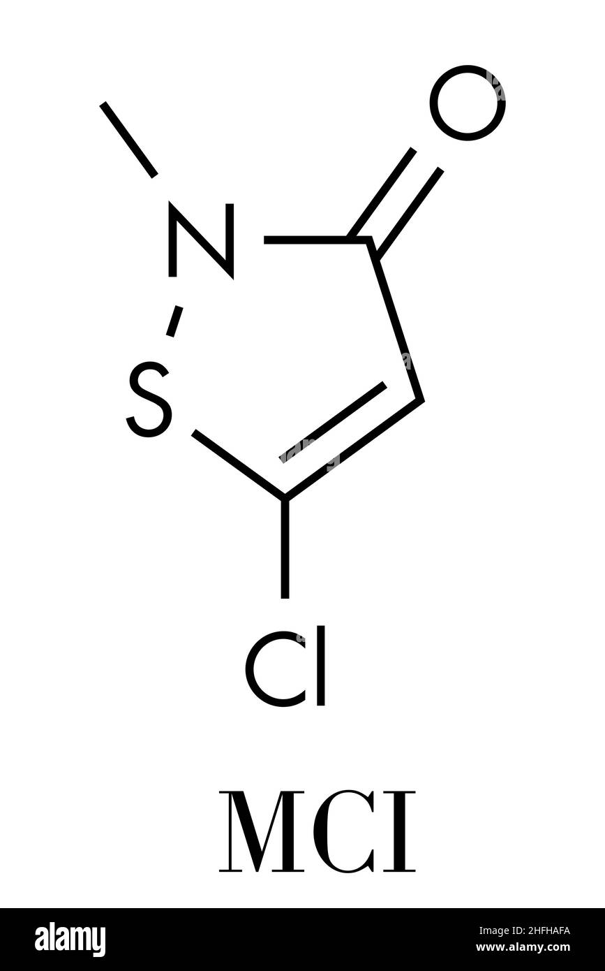 Methylchloroisothiazolinon Konservierungsstoff Molekül, chemische Struktur. Häufig in wasserbasierten Produkten, z. B. Kosmetika, verwendet. Skelettformel. Stock Vektor