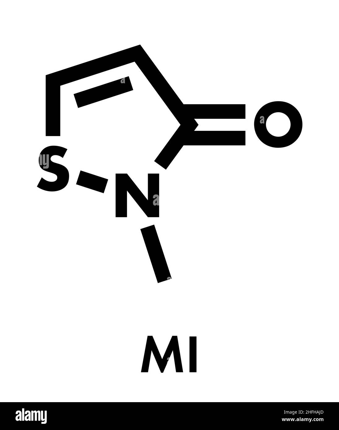 Methylisothiazolinon (mit, MI) Konservierungsstoff Molekül, chemische Struktur. Häufig in wasserbasierten Produkten, z. B. Kosmetika, verwendet. Skelettformel. Stock Vektor