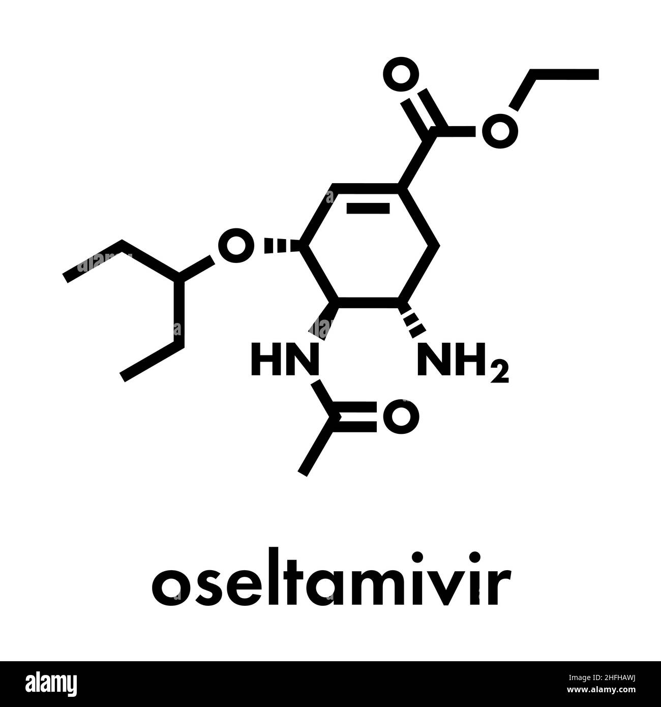 Oseltamivir Influenza Virus Droge Molekül. Skelettmuskulatur Formel. Stock Vektor