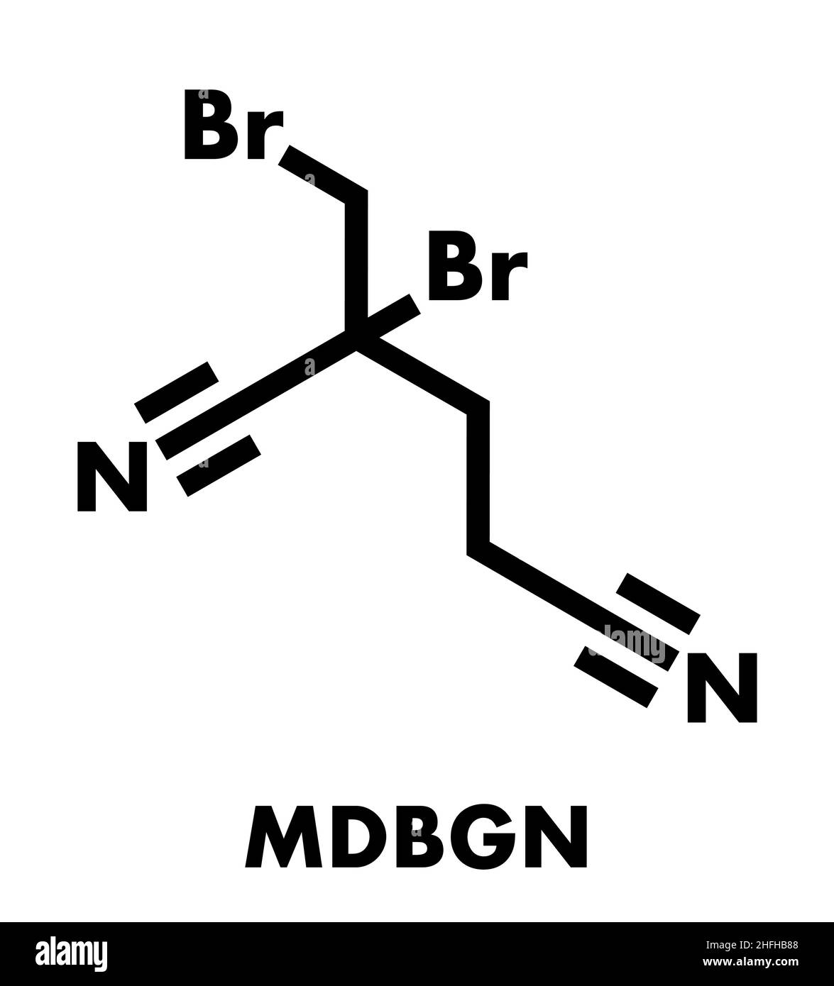 Methyldibromo glutaronitrile Konservierungsmittel Molekül. Gemeinsame allergen allergische Kontaktdermatitis verursacht. Skelettmuskulatur Formel. Stock Vektor