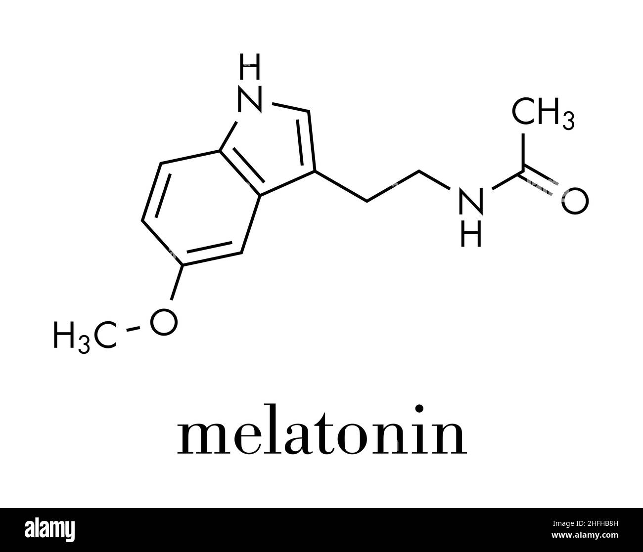 Melatonin Hormon Molekül. In den Menschen, es spielt eine Rolle in der zirkadiane Rhythmus der Synchronisation. Skelettmuskulatur Formel. Stock Vektor