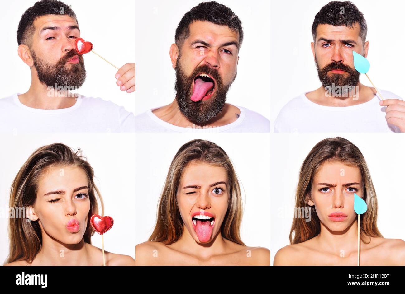 Satz von verschiedenen Emotionen Mann und Frau. Gesichtsausdruck. Collage von Emotionen. Gefühl und Emotion. Stockfoto