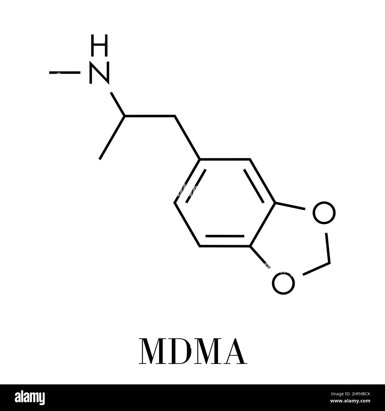 MDMA (XTC, E, Ecstasy) Party Droge Molekül. Volle chemische Bezeichnung ist 3,4-Methylendioxymethamphetamin. Skelettmuskulatur Formel. Stock Vektor