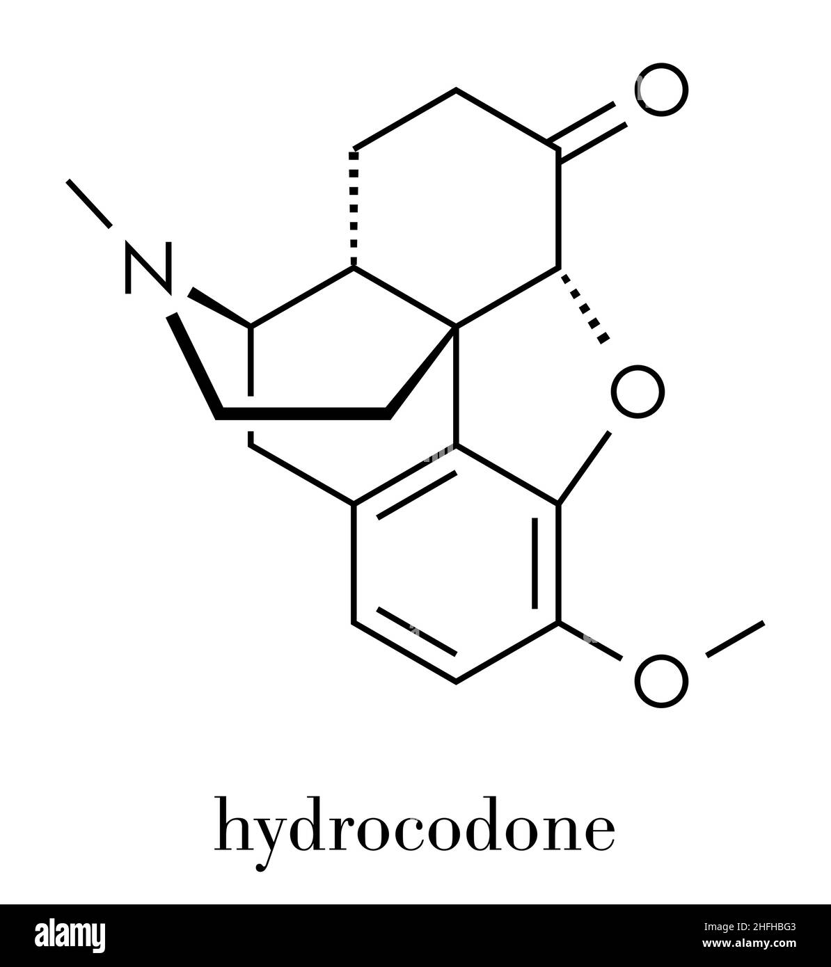 Hydrocodon, narkotisches analgetisches Medikamentenmolekül. Auch als Hustenmedizin verwendet. Skelettformel. Stock Vektor