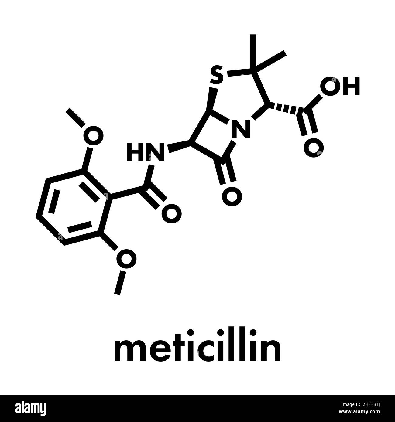 Methicillin Antibiotikum Medikament (beta-Lactam class) Molekül. MRSA ist die Abkürzung für Methicillin-resistente Staphylococcus aureus. Skelettmuskulatur Formel. Stock Vektor