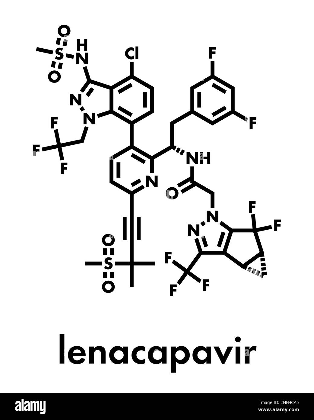 Lenacapavir antivirales Medikamentenmolekül. Skelettformel. Stock Vektor