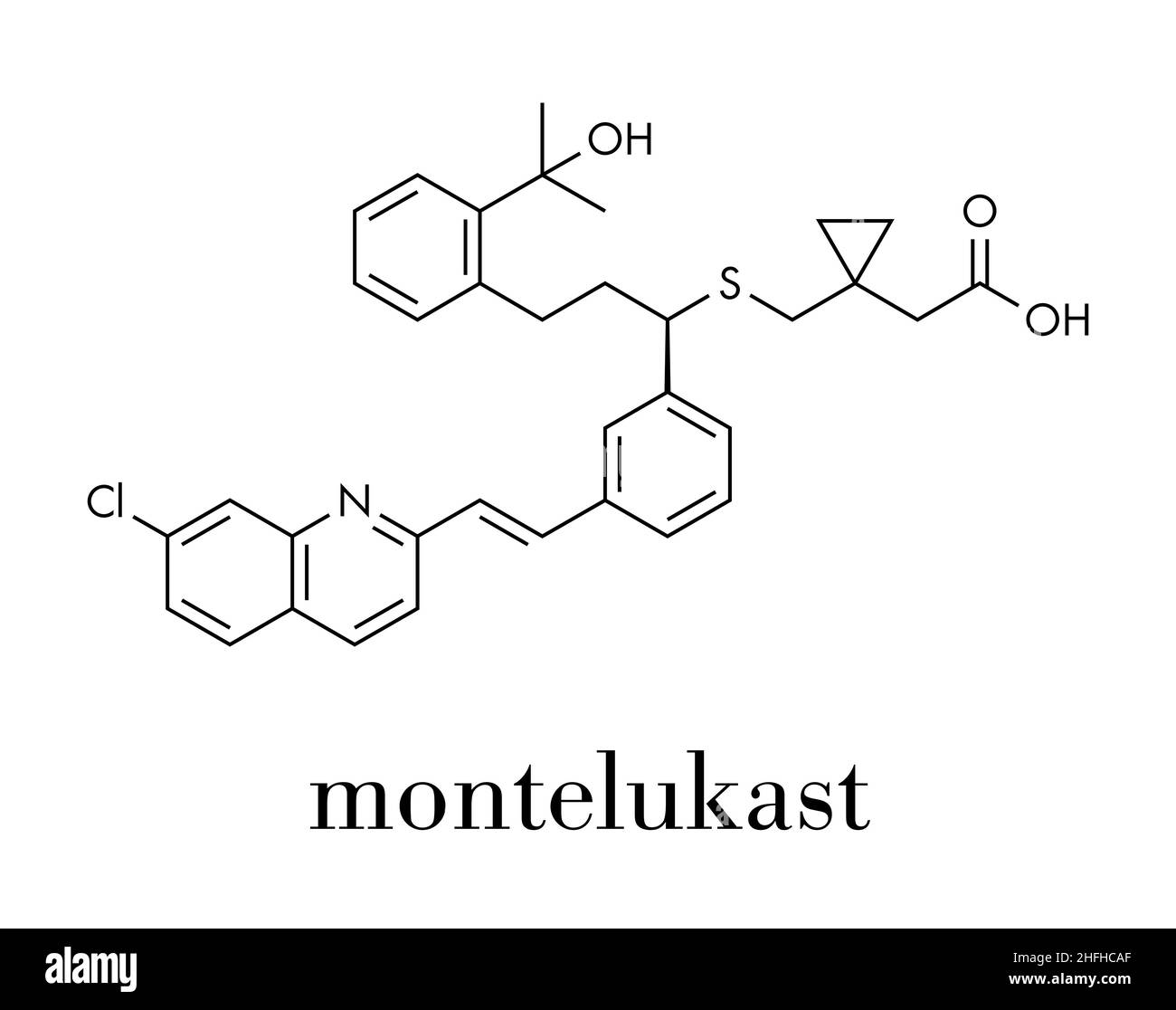 Montelukast Asthma und Allergien der Atemwege Droge Molekül. Skelettmuskulatur Formel. Stock Vektor