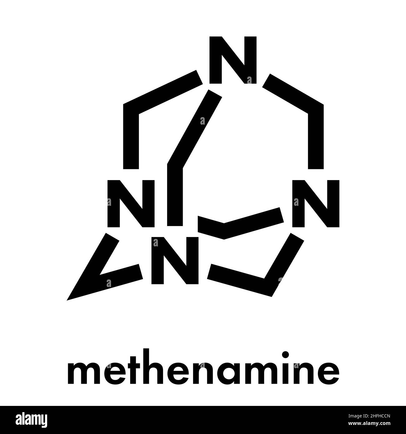 Hexamethylenetetramin (Methenamin)-Molekül. Medizinisch verwendet, um Harnwegsinfektionen zu behandeln. Wird als Konservierungsmittel für Lebensmittel verwendet (E239). Skelettformel. Stock Vektor