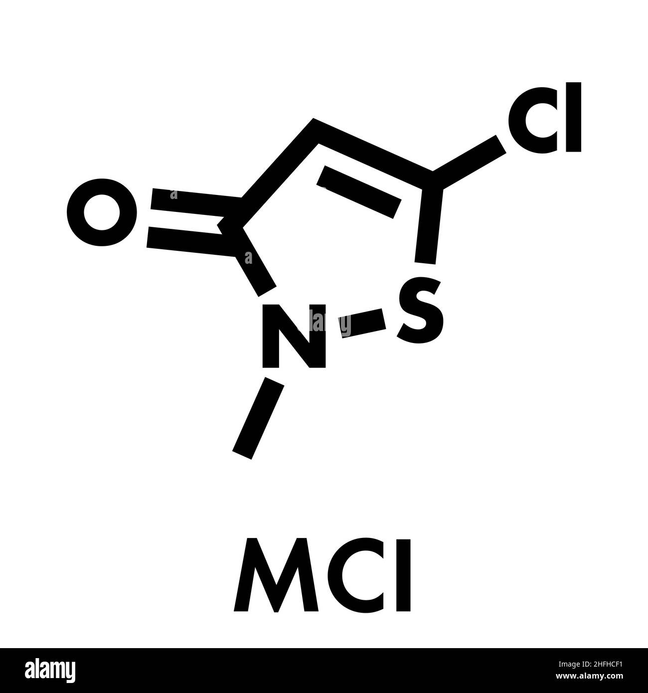 Methylchloroisothiazolinon Konservierungsstoff Molekül, chemische Struktur. Häufig in wasserbasierten Produkten, z. B. Kosmetika, verwendet. Skelettformel. Stock Vektor