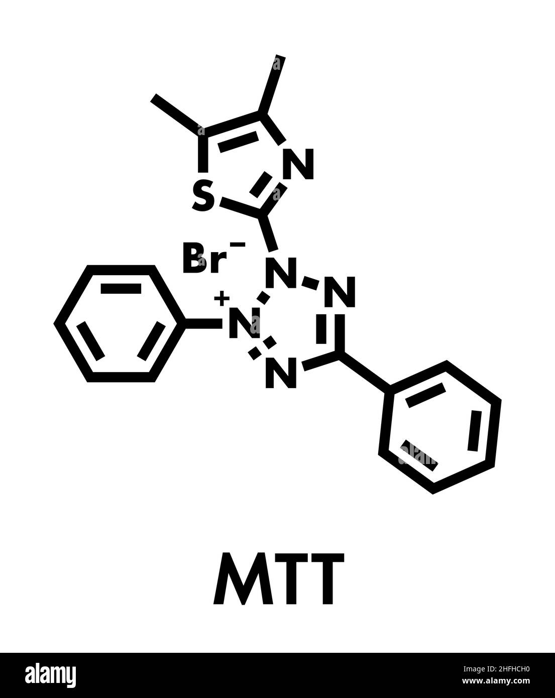 MTT gelb tetrazole Farbstoffmolekül. In MTT-Assay, Zytotoxizität und die metabolische Aktivität zu messen. Skelettmuskulatur Formel. Stock Vektor