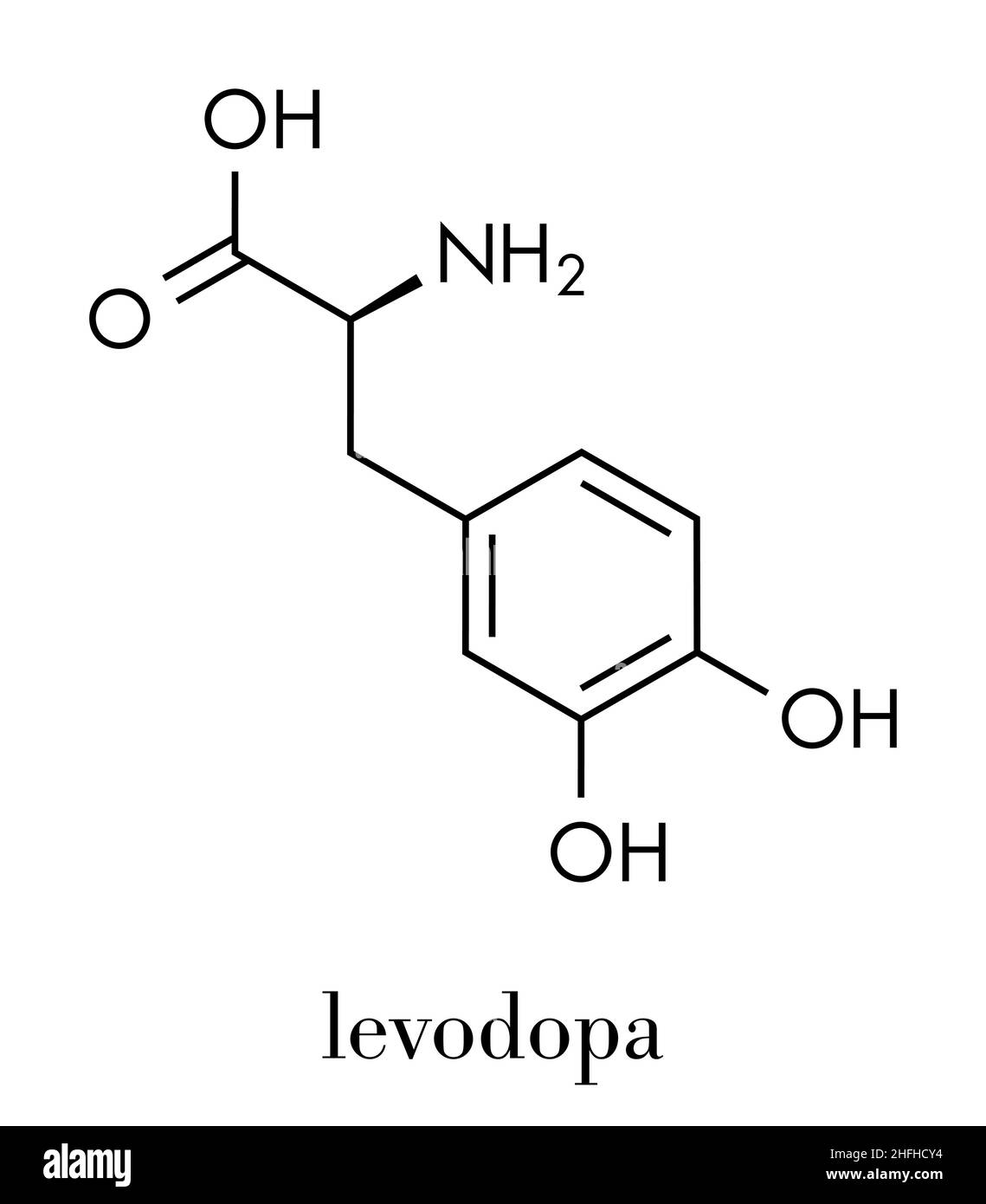 L-DOPA (Levodopa) das Medikamentenmolekül der Parkinson-Krankheit. Skelettformel. Stock Vektor