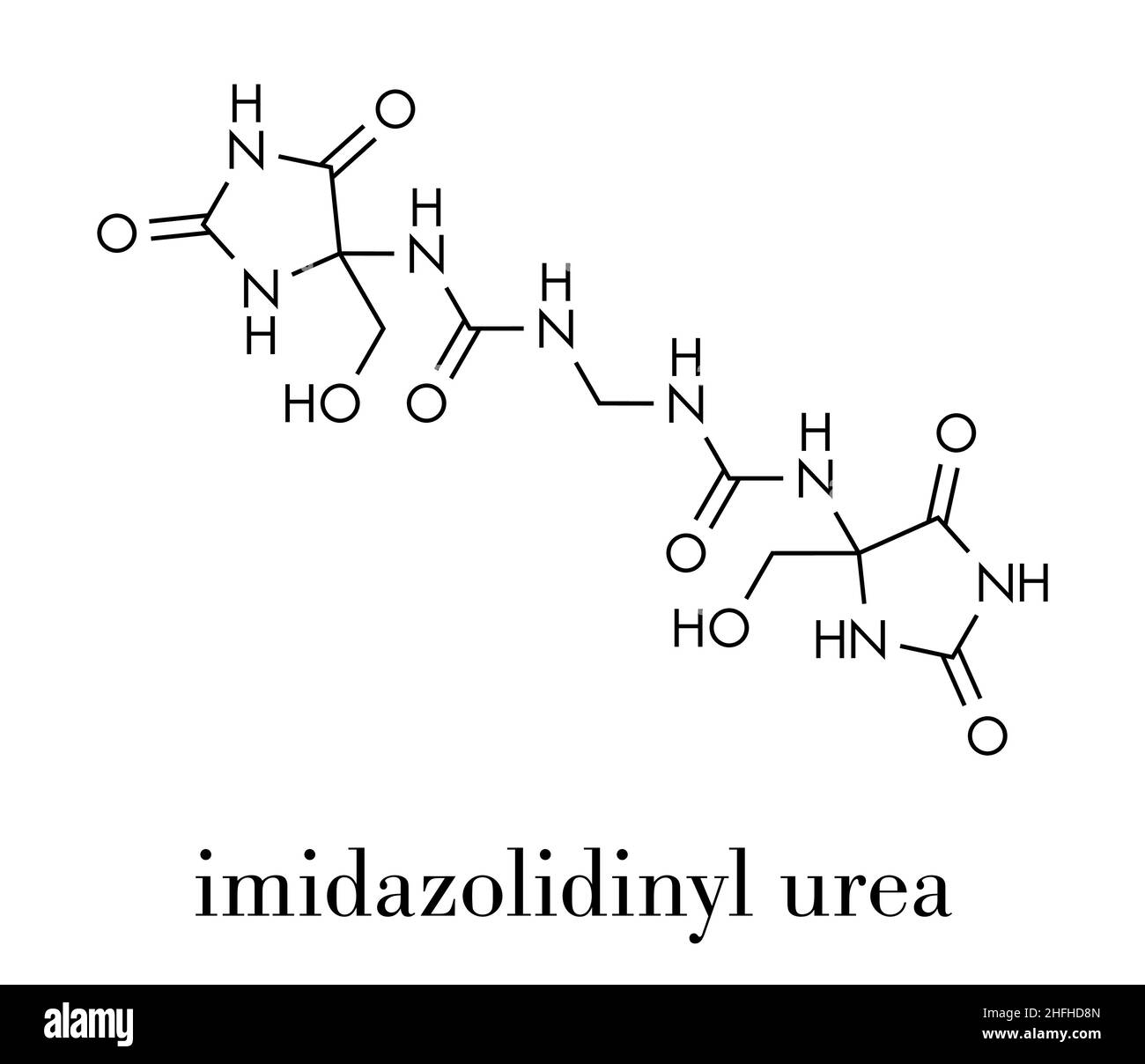 Imidazolidinyl urea antimikrobielles Konservierungsmittel Molekül (Formaldehyd releaser). Skelettmuskulatur Formel. Stock Vektor