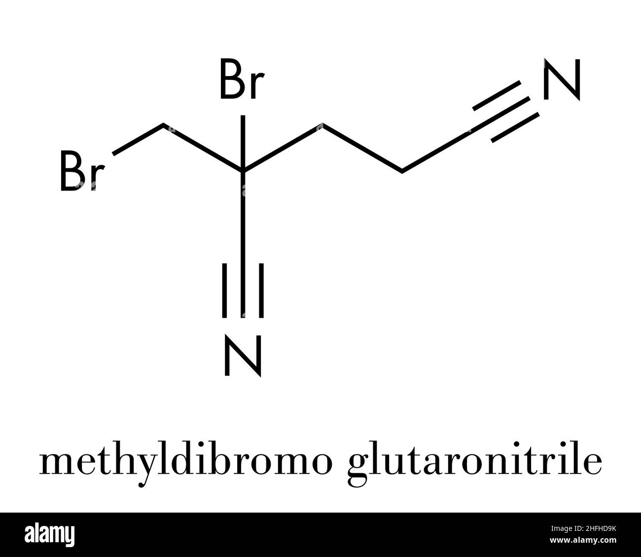 Methyldibromo glutaronitrile Konservierungsmittel Molekül. Gemeinsame allergen allergische Kontaktdermatitis verursacht. Skelettmuskulatur Formel. Stock Vektor