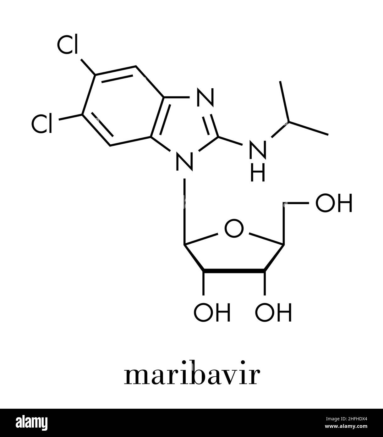 Antivirales Medikamentenmolekül von Maribavir. Skelettformel. Stock Vektor