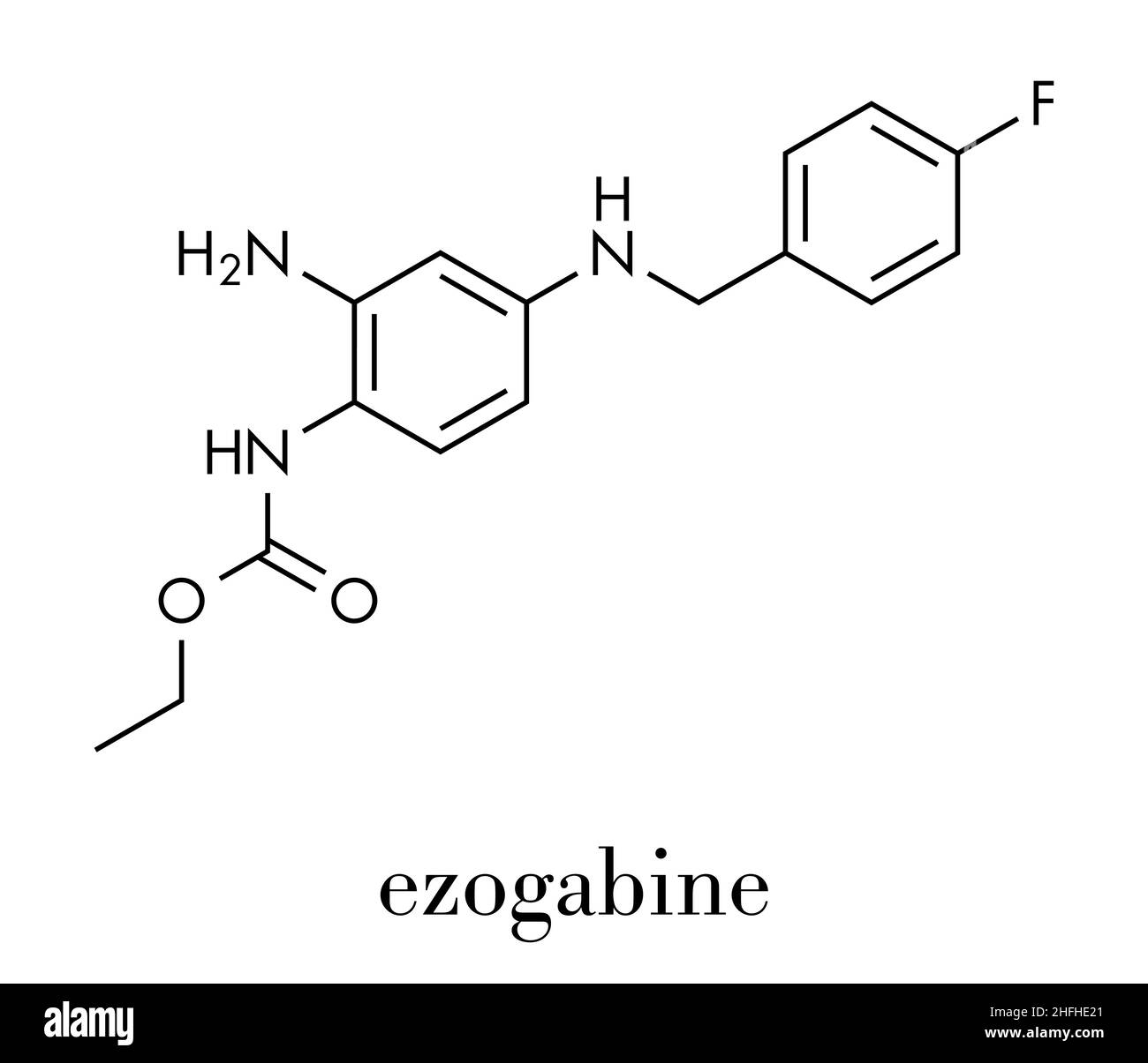 Retigabin (Ezogabin) antikonvulsivans Medikamentenmolekül. Wird bei der Behandlung von Anfällen (Epilepsie) verwendet. Skelettformel. Stock Vektor