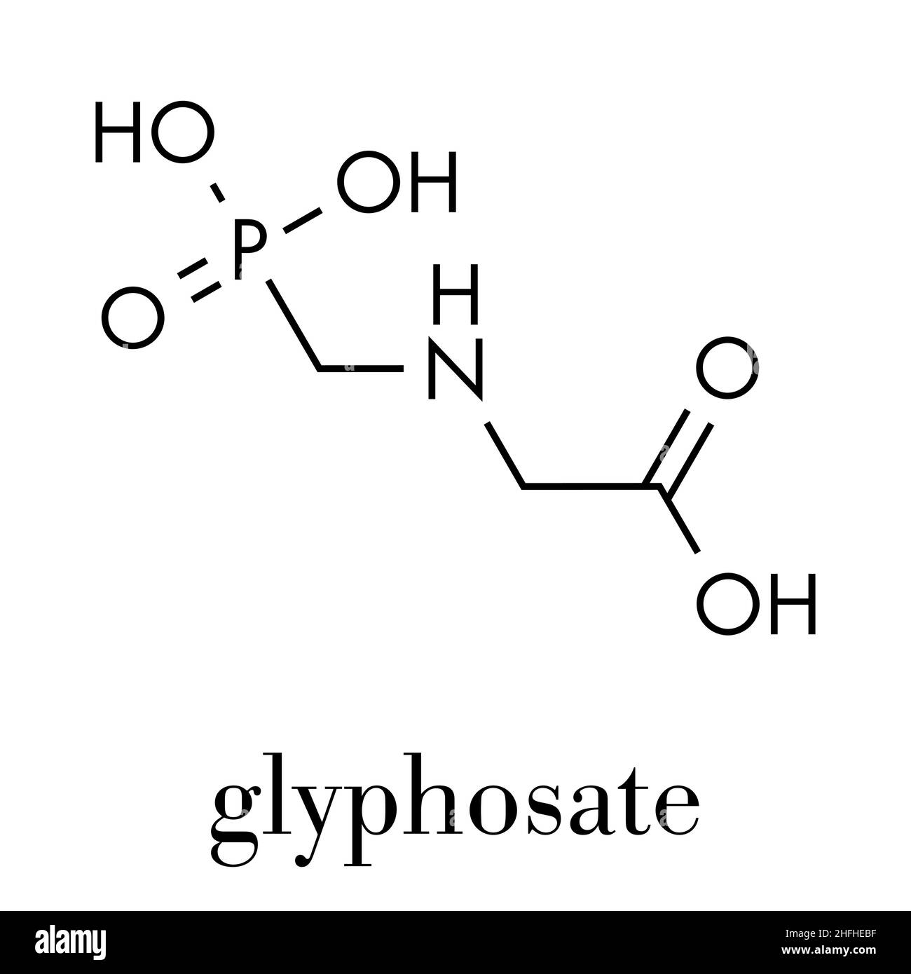 Glyphosat-Herbizid-Molekül. Pflanzen, die gegen Glyphosat resistent sind (gentechnisch veränderte Organismen, GVO), wurden durch Gentechnik hergestellt. Skelett Stock Vektor