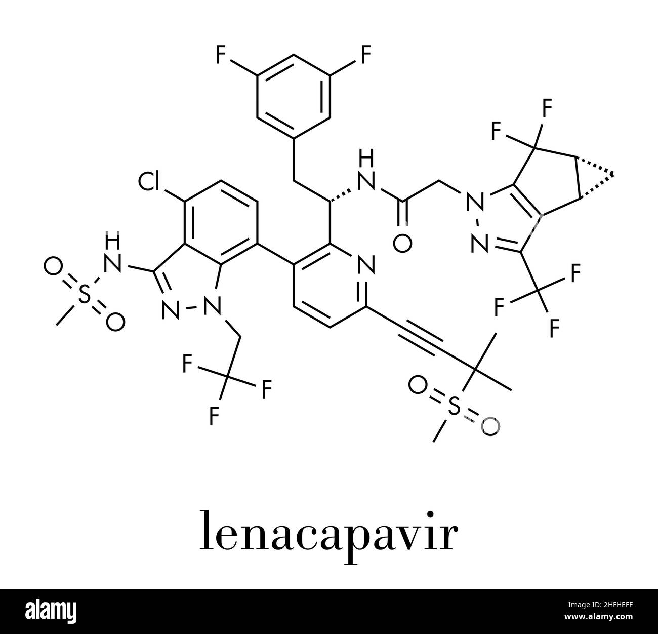 Lenacapavir antivirales Medikamentenmolekül. Skelettformel. Stock Vektor