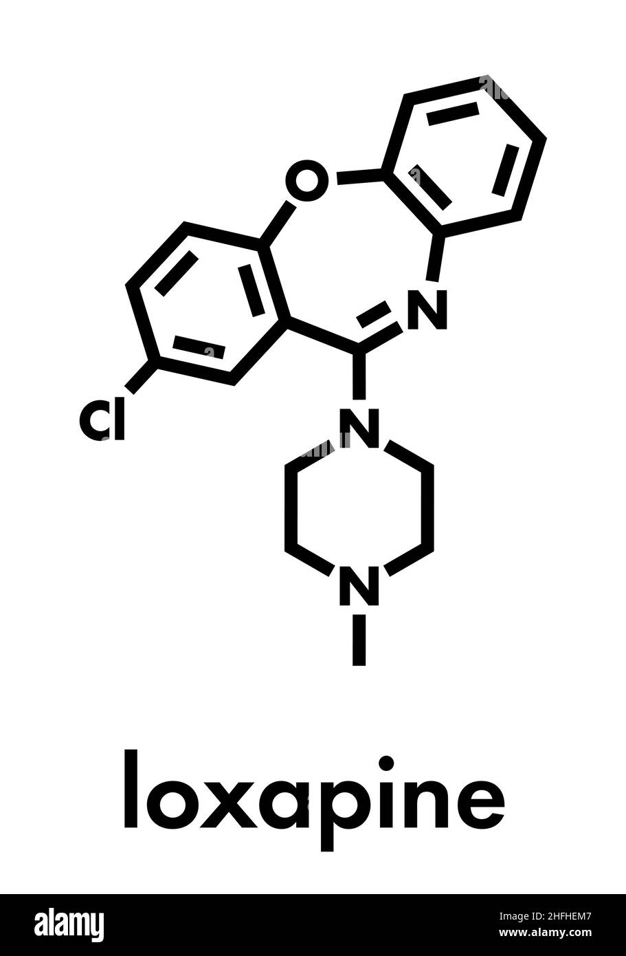Loxapin antipsychotisches Drogenmolekül; wird zur Behandlung von Schizophrenie verwendet. Skelettformel. Stock Vektor