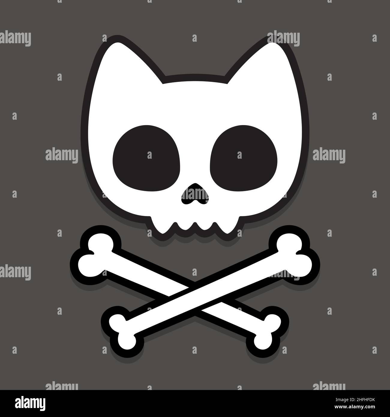 Niedliche Cartoon Katze Schädel und Kreuzknochen. Einfaches handgezeichnetes kawaii Jolly Roger-Zeichen, Vektorgrafik auf dunklem Hintergrund. Stock Vektor
