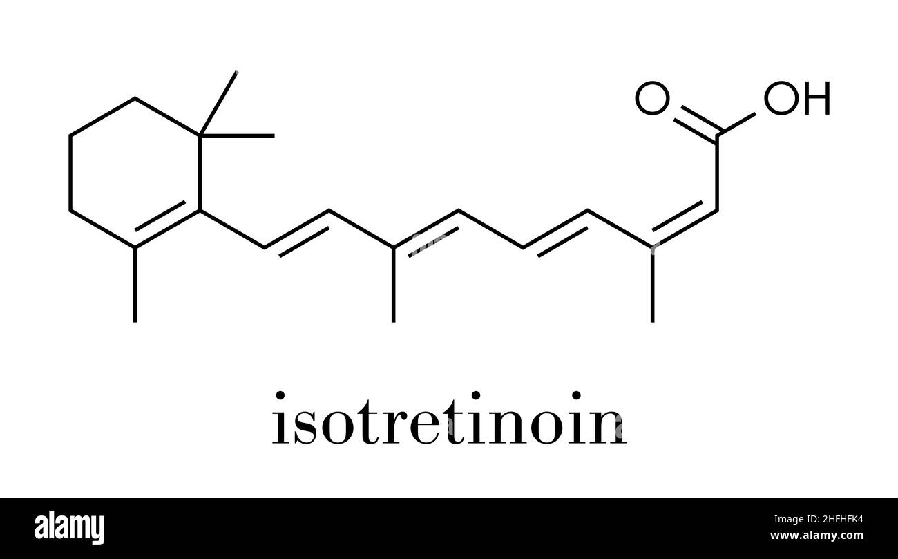 Isotretinoin Akne Behandlung Droge Molekül. Bekannte ein teratogen (Ursachen Geburtsschäden). Skelettmuskulatur Formel. Stock Vektor