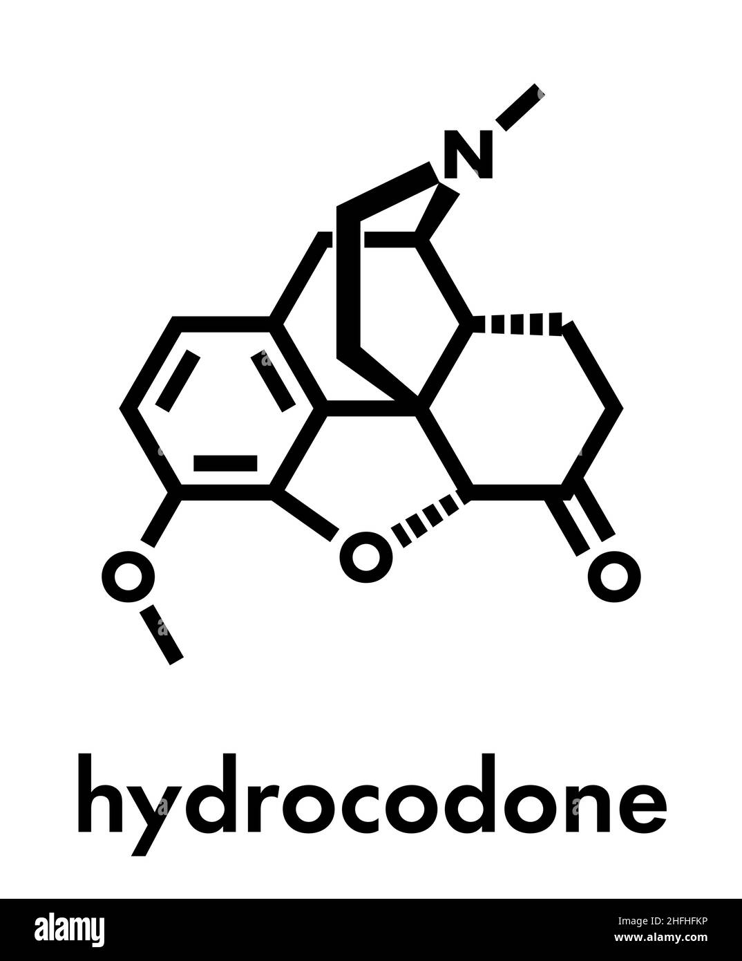 Hydrocodon, narkotisches analgetisches Medikamentenmolekül. Auch als Hustenmedizin verwendet. Skelettformel. Stock Vektor