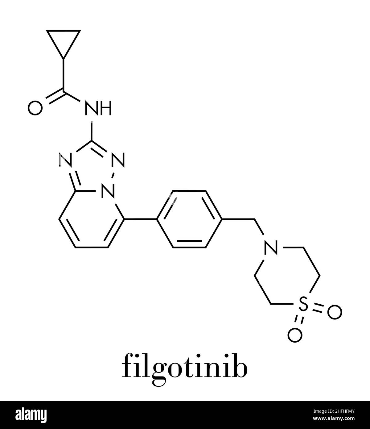 Filgotinib entzündungshemmendes Wirkstoffmolekül. Janus-Kinase-1-Inhibitor zur Behandlung von rheumatoider Arthritis und Morbus Crohn. Skelettformel. Stock Vektor