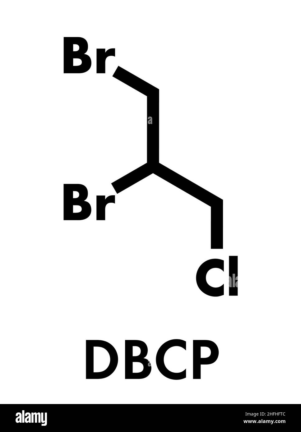 Dibromochlorpropan (DBCP) Boden fumigant Molekül. Nematizid in der Landwirtschaft verwendet. Skelettformel. Stock Vektor