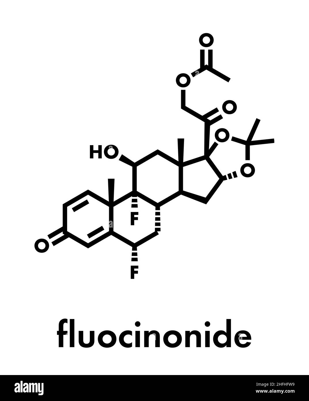 Fluocinonide topisches Medikament Molekül. Skelettmuskulatur Formel. Stock Vektor