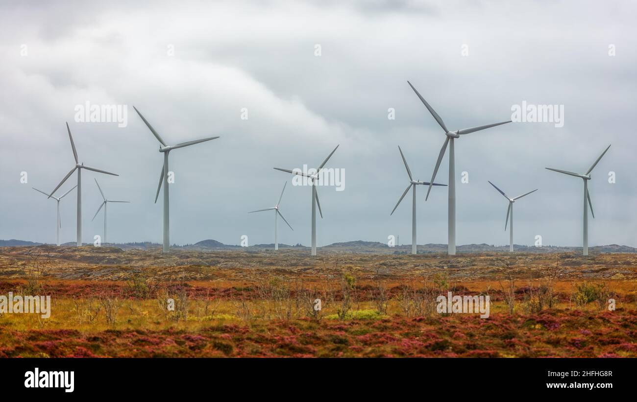 Windturbinen-Betrieb in Smola. Die arktische Tundra auf der Insel Smola, Grafschaft More Og Romsdal, Norwegen. Stockfoto