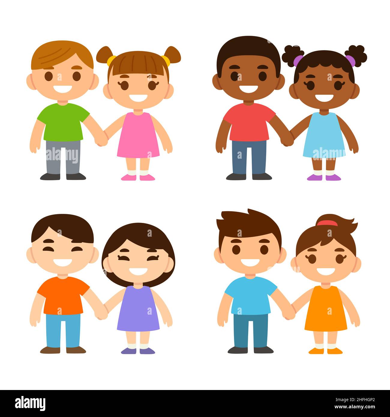 Vier Paar niedliche Cartoon-Jungen und -Mädchen mit Händen. Kleine Freunde oder Geschwister. Kaukasisch, schwarz und asiatisch. Stock Vektor