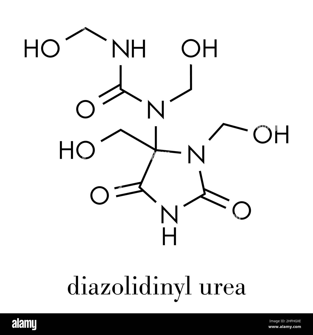 Harnstoff Diazolidinyl antimikrobielles Konservierungsmittel Molekül (Formaldehyd releaser). Skelettmuskulatur Formel. Stock Vektor