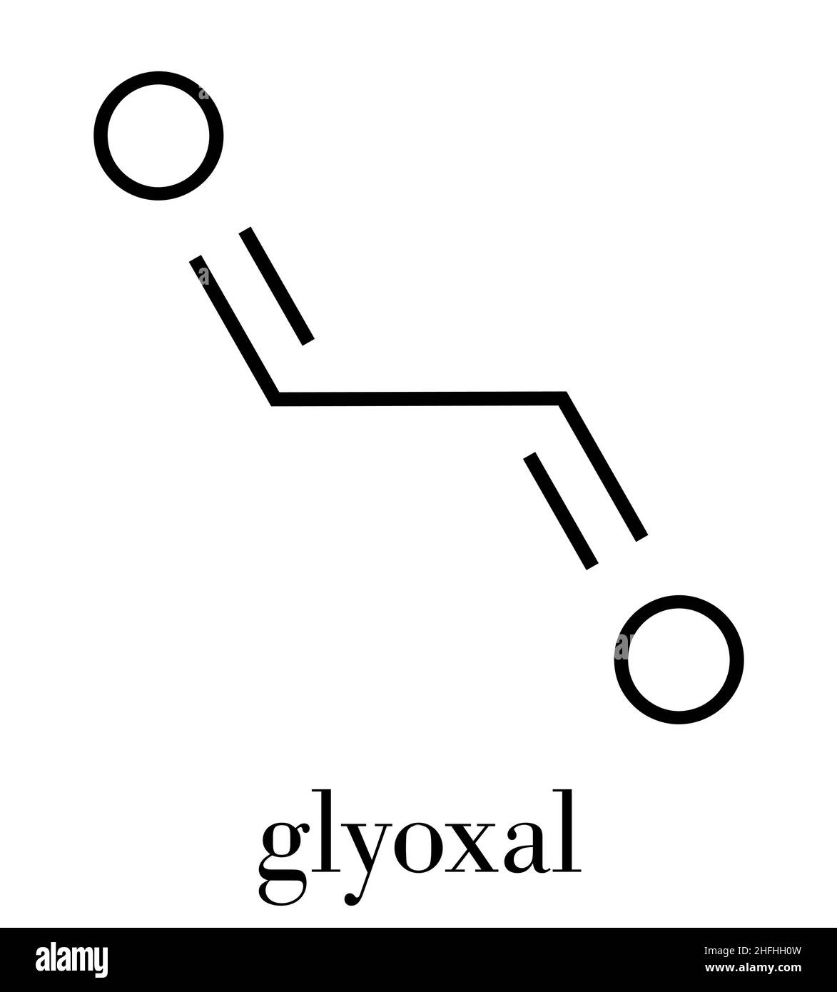 Glyoxales Dialdehydmolekül. In fermentierten Speisen und Getränken vorhanden. Viele Anwendungen in der chemischen Industrie. Skelettformel. Stock Vektor