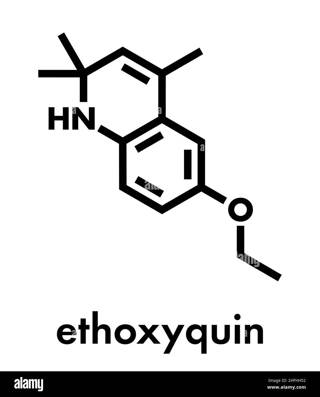 Antioxidative Konservierungsmittel ethoxyquin Molekül. Auch verwendet, um Verbrühungen für Birnen. Skelettmuskulatur Formel. Stock Vektor