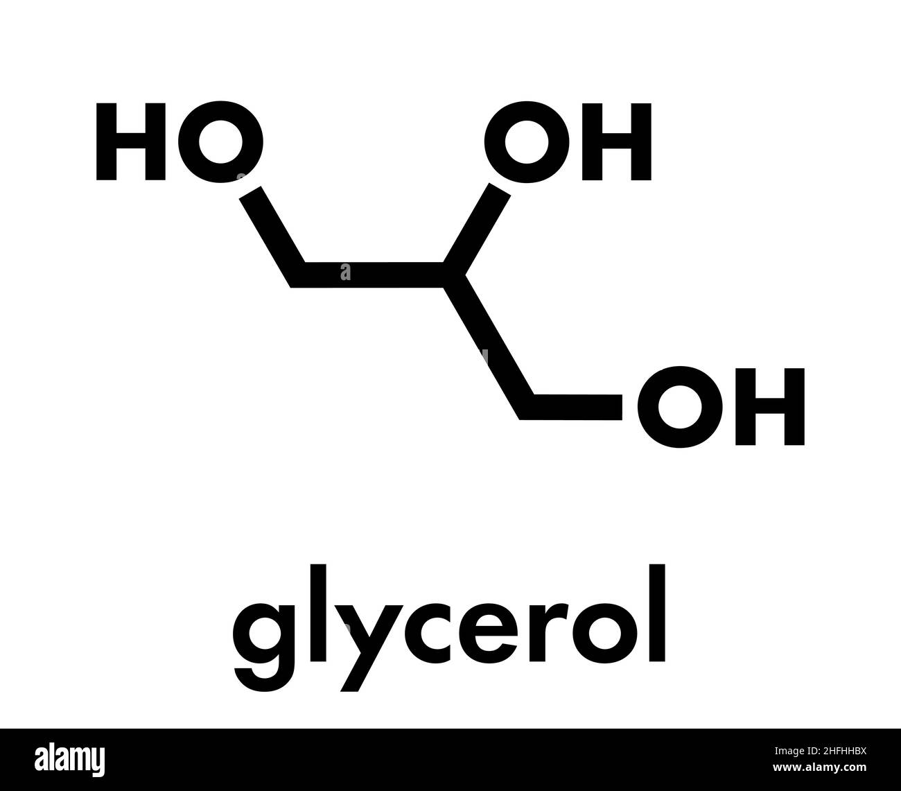 Glycerin (Glycerin) Molekül. Von Fett und Öl Triglyceride produziert. Als Süßstoff, Lösungs- und Konservierungsmittel in Lebensmitteln und Arzneimitteln verwendet. Skelettmuskulatur Formel Stock Vektor