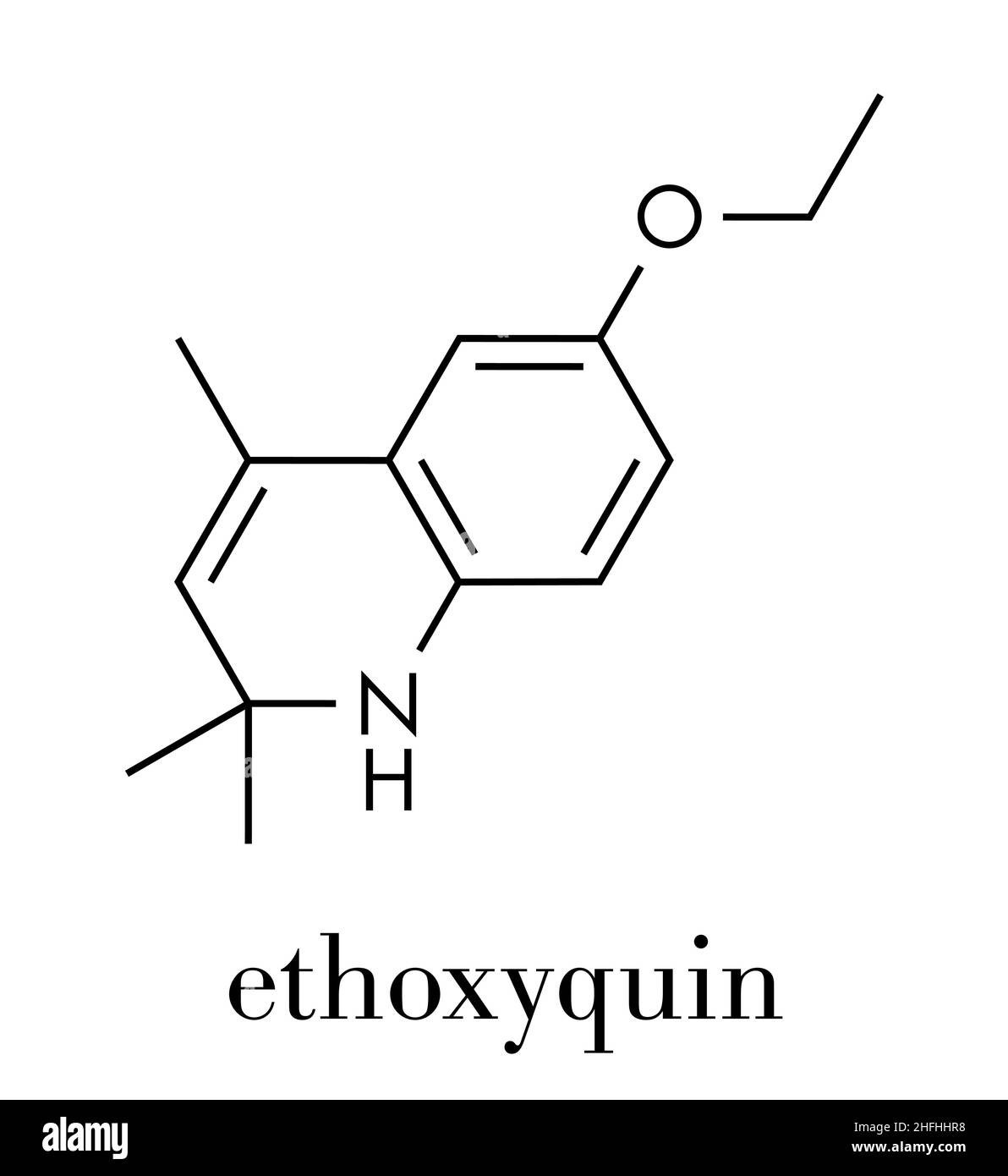 Antioxidative Konservierungsmittel ethoxyquin Molekül. Auch verwendet, um Verbrühungen für Birnen. Skelettmuskulatur Formel. Stock Vektor