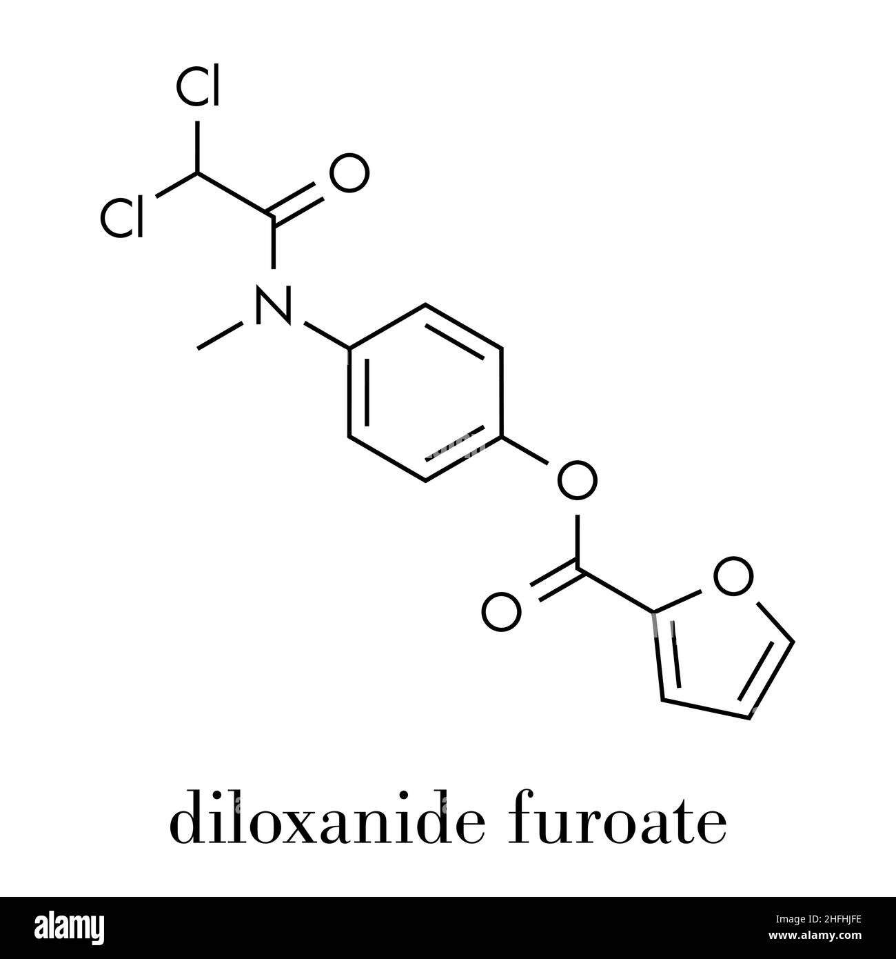 Diloxanid Furoat Amöbiasis-Medikamentenmolekül. Wird zur Behandlung von Entamoeba histolytica-Infektionen verwendet. Skelettformel. Stock Vektor
