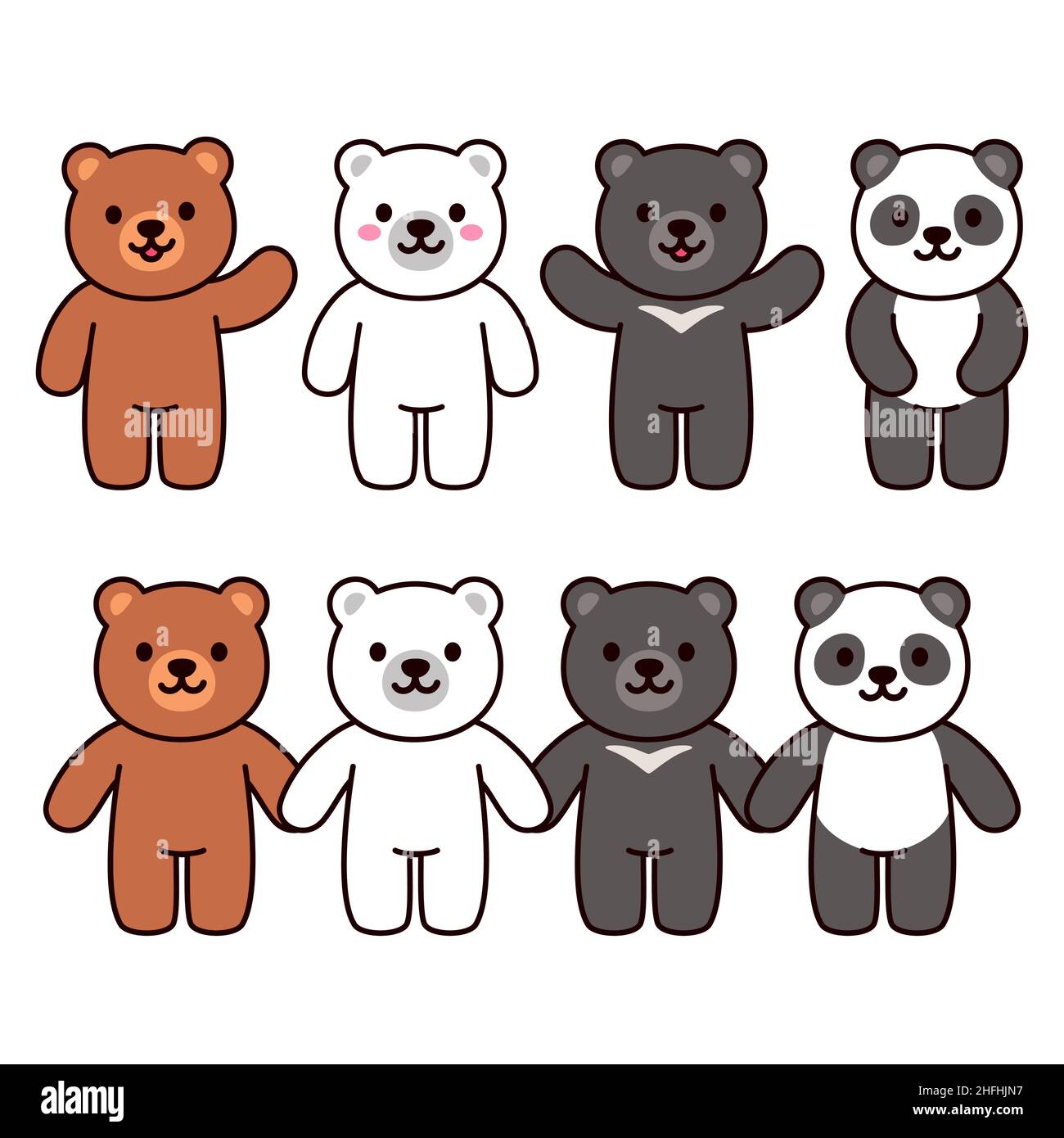 Niedliche Cartoon-Bären Set: Braun, schwarz, weiß und Pandabär. Winken und Hände halten. Kawaii-Zeichenvektordarstellung. Stock Vektor