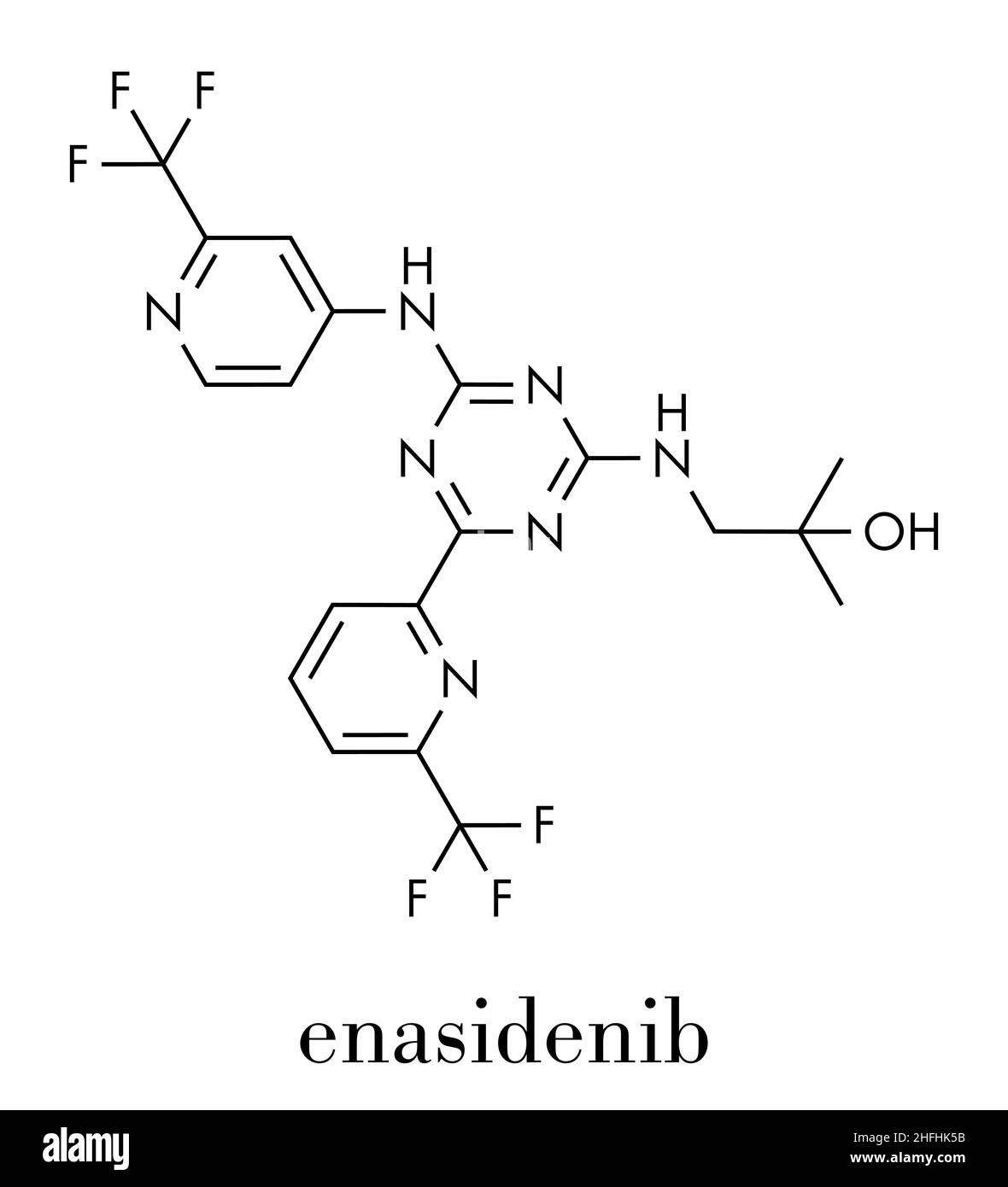 Enasidenib Krebs Wirkstoffmolekül (IDH2-Hemmer). Skelettformel. Stock Vektor
