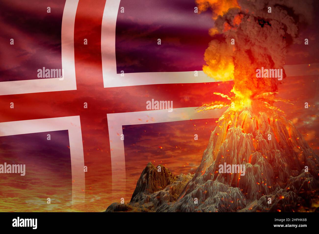 Großer Vulkanausbruch bei Nacht mit Explosion auf Island Flagge Hintergrund, leiden unter Ausbruch und vulkanischem Erdbeben konzeptionelle 3D Illustration Stockfoto