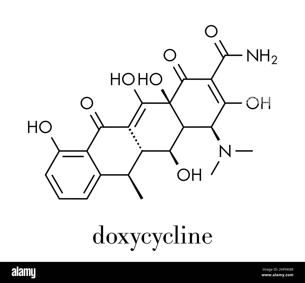 Doxycycline Antibiotikum Medikament (Tetracyclin Klasse) Molekül. Skelettmuskulatur Formel. Stock Vektor