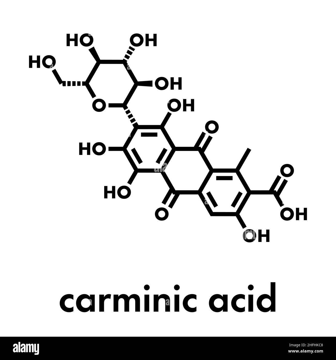Carminsäure-Pigmentmolekül. Kommt natürlich in Cochineal (Schussinsekt) vor. Skelettformel. Stock Vektor