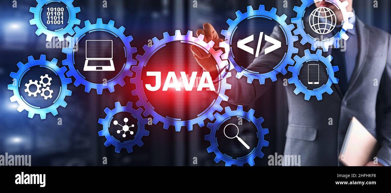 Programmiersprache Java und Webentwicklungskonzept auf virtuellem Bildschirm Stockfoto