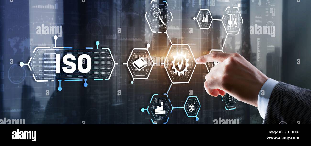 ISO-Zertifizierungskonzept Standard Qualitätskontrolle. Internationaler Informationssicherheitsstandard. Stockfoto