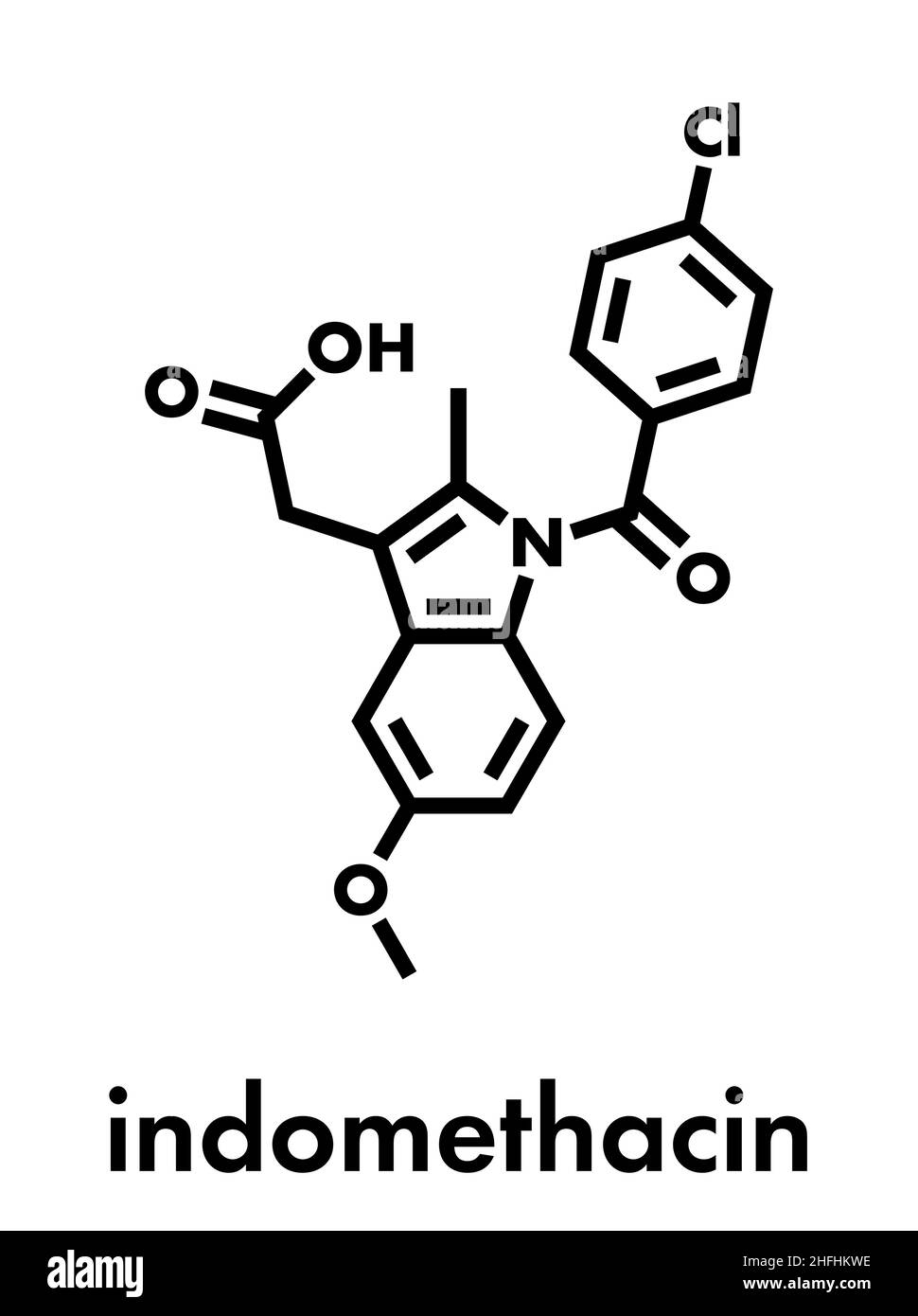 Indomethacin (Indometacin), nicht-steroidales Molekül für entzündungshemmende Medikamente (NSAID). Skelettformel. Stock Vektor