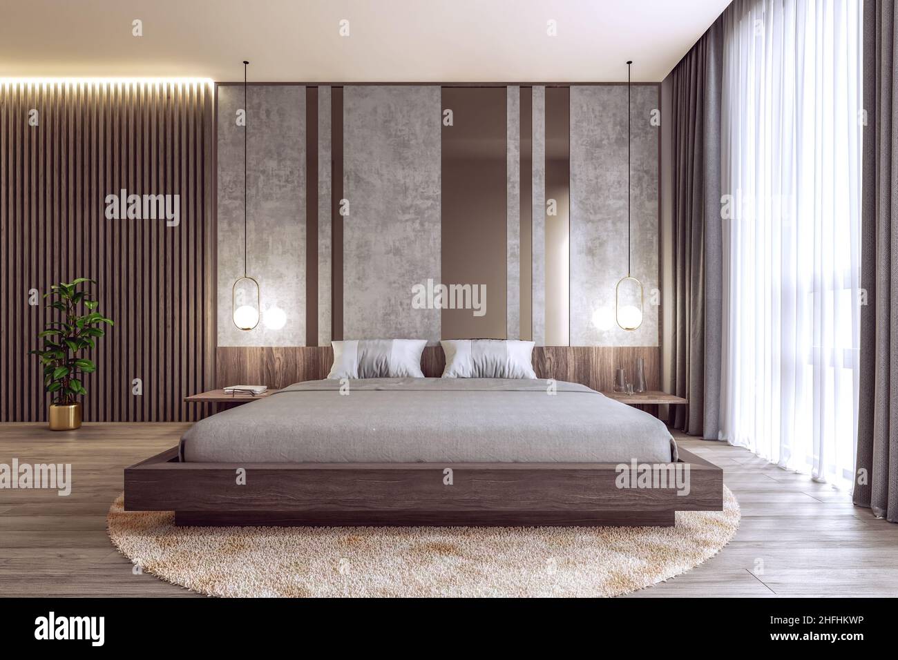Moderne Innenarchitektur-Schlafzimmer-Modell mit großem Fenster und beleuchteten Holzlatten, 3D Rendering Stockfoto