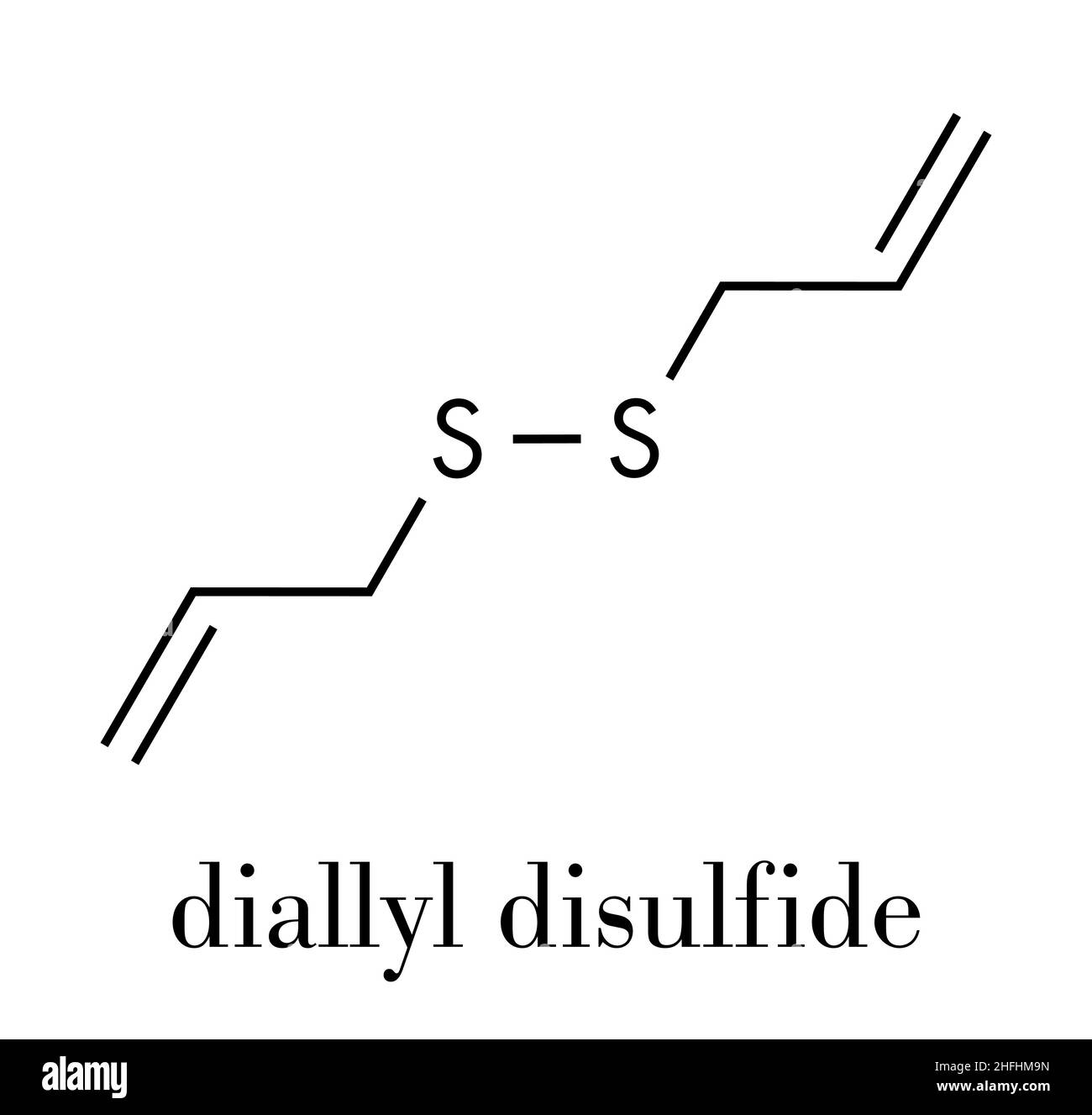 Diallyldisulfid-Knoblauchmolekül. Eine der Verbindungen, die für Geschmack, Geruch und gesundheitliche Auswirkungen von Knoblauch verantwortlich sind. Skelettformel. Stock Vektor