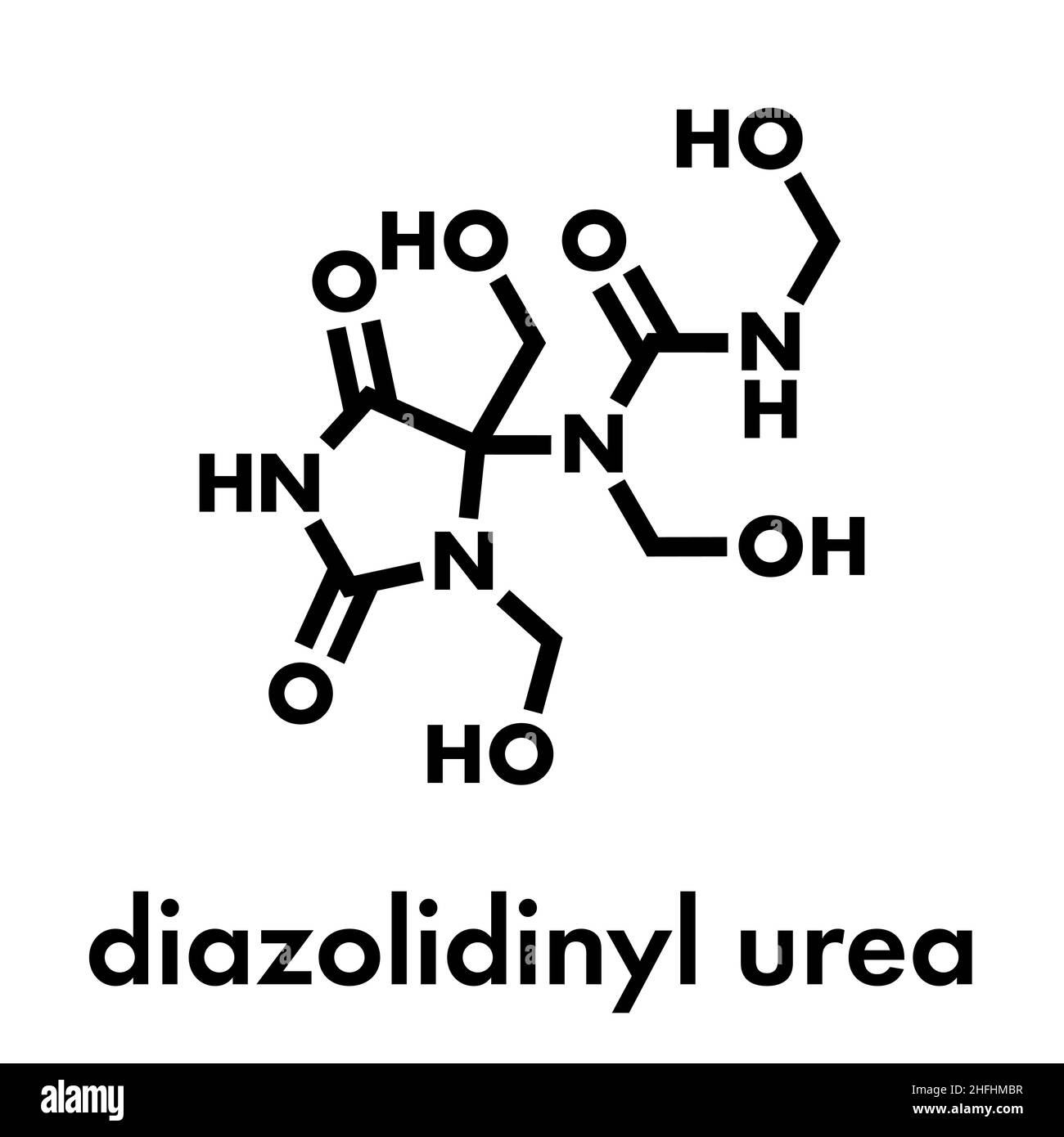 Harnstoff Diazolidinyl antimikrobielles Konservierungsmittel Molekül (Formaldehyd releaser). Skelettmuskulatur Formel. Stock Vektor