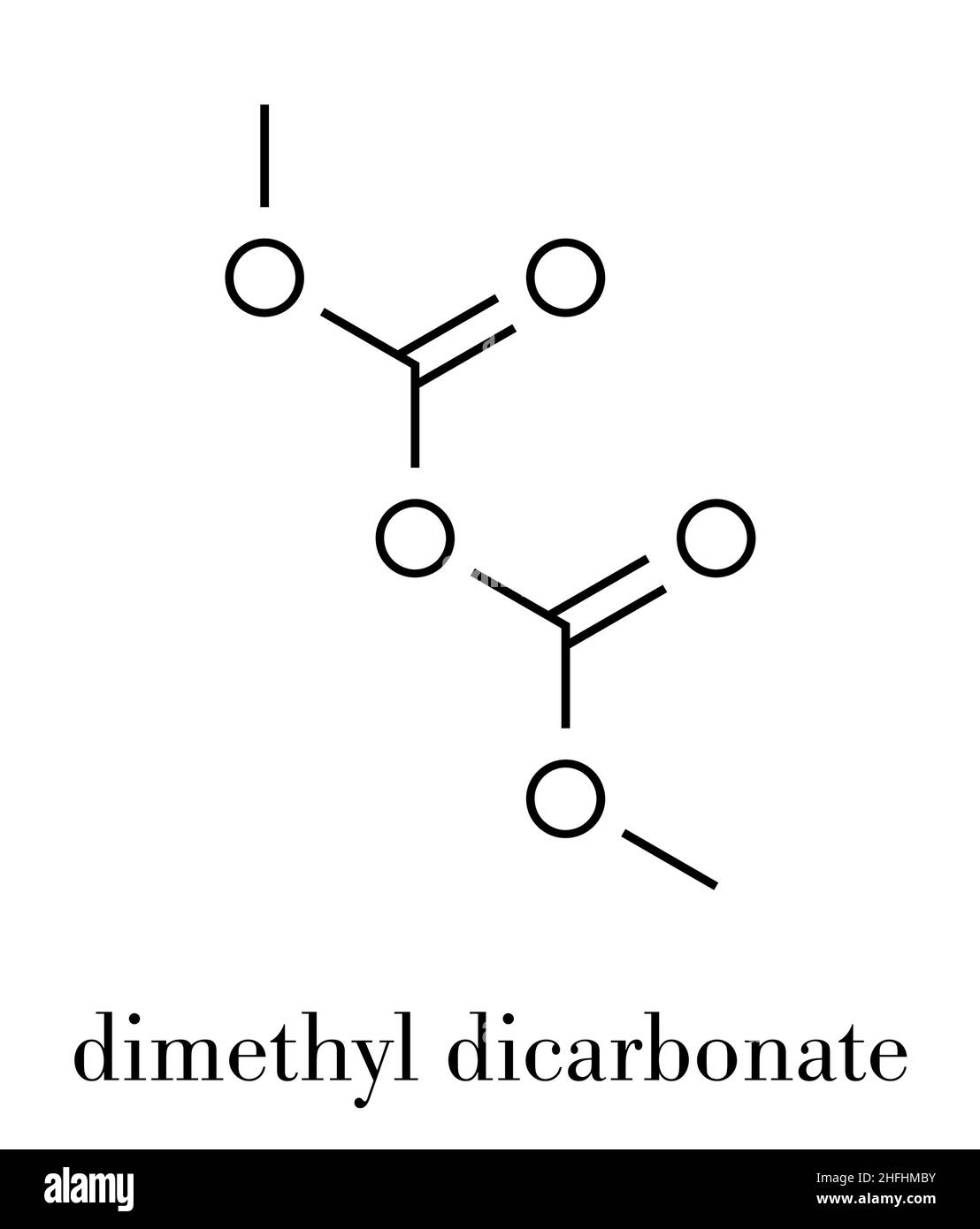 Dimethyl dicarbonate (DMDC) trinken Konservierungsmittel Molekül. Zusatz hinzugefügt, Wein, Sport, Getränke, Eistee, etc. der Skelettmuskulatur Formel. Stock Vektor