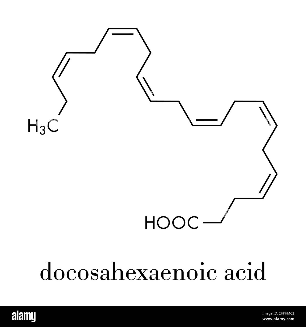 Docosahexaensäure (DHA, cervonic Säure) Molekül. Mehrfach ungesättigte Omega-3-Fettsäure, die in Fischöl. Skelettmuskulatur Formel. Stock Vektor