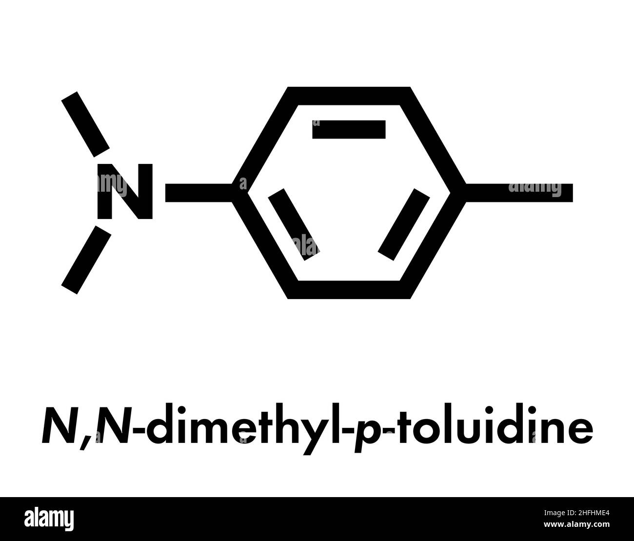 N,N-Dimethyl-p-Toluidin (DMPT)-Molekül. Häufig als Katalysator bei der Herstellung von Polymeren und in zahnmedizinischen Materialien und Knochenzementen verwendet. Skelett f Stock Vektor